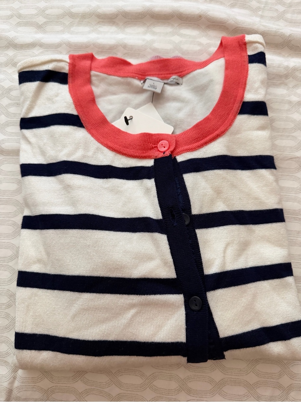 Halogen Colorblock Cardigan with Coral Trim and Navy Stripes